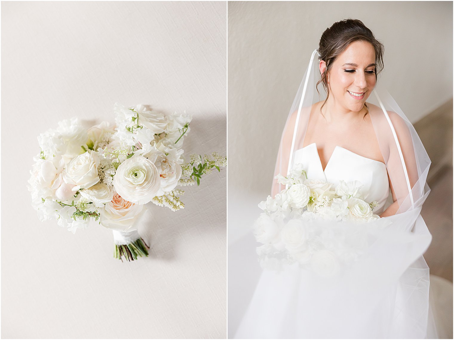 bride poses in strapless gown at Mount Saint Mary Academy