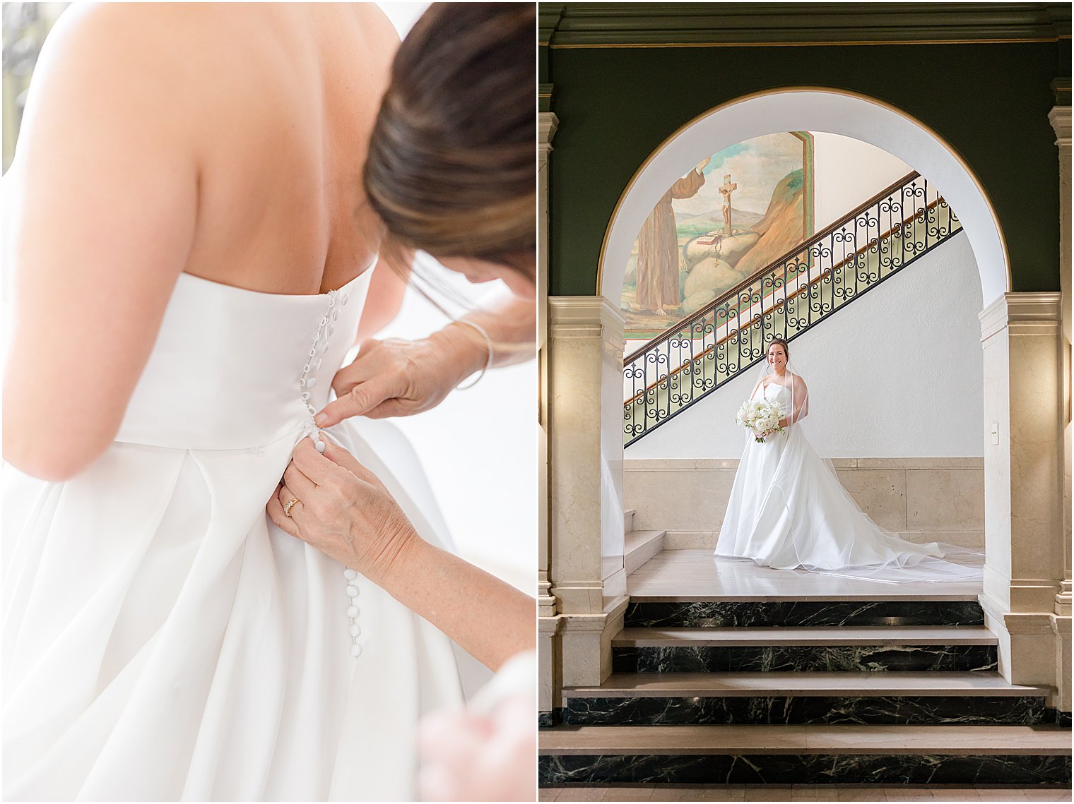 mother helps bride with wedding gown at Mount Saint Mary Academy