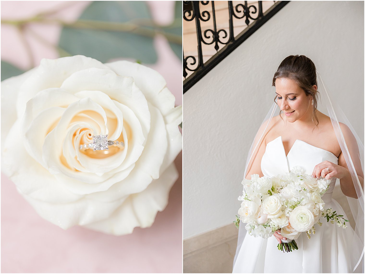 bride looks down at a bouquet of white roses at Mount Saint Mary Academy