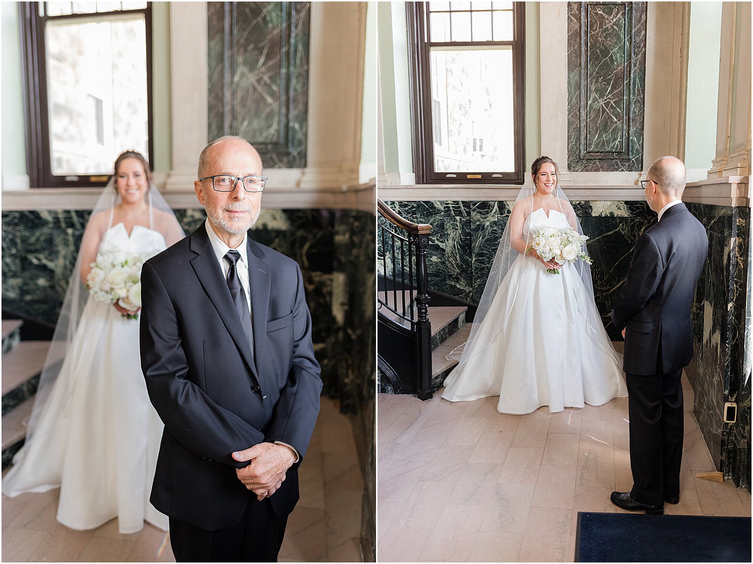 bride approaches dad for first look in lobby at Mount Saint Mary Academy