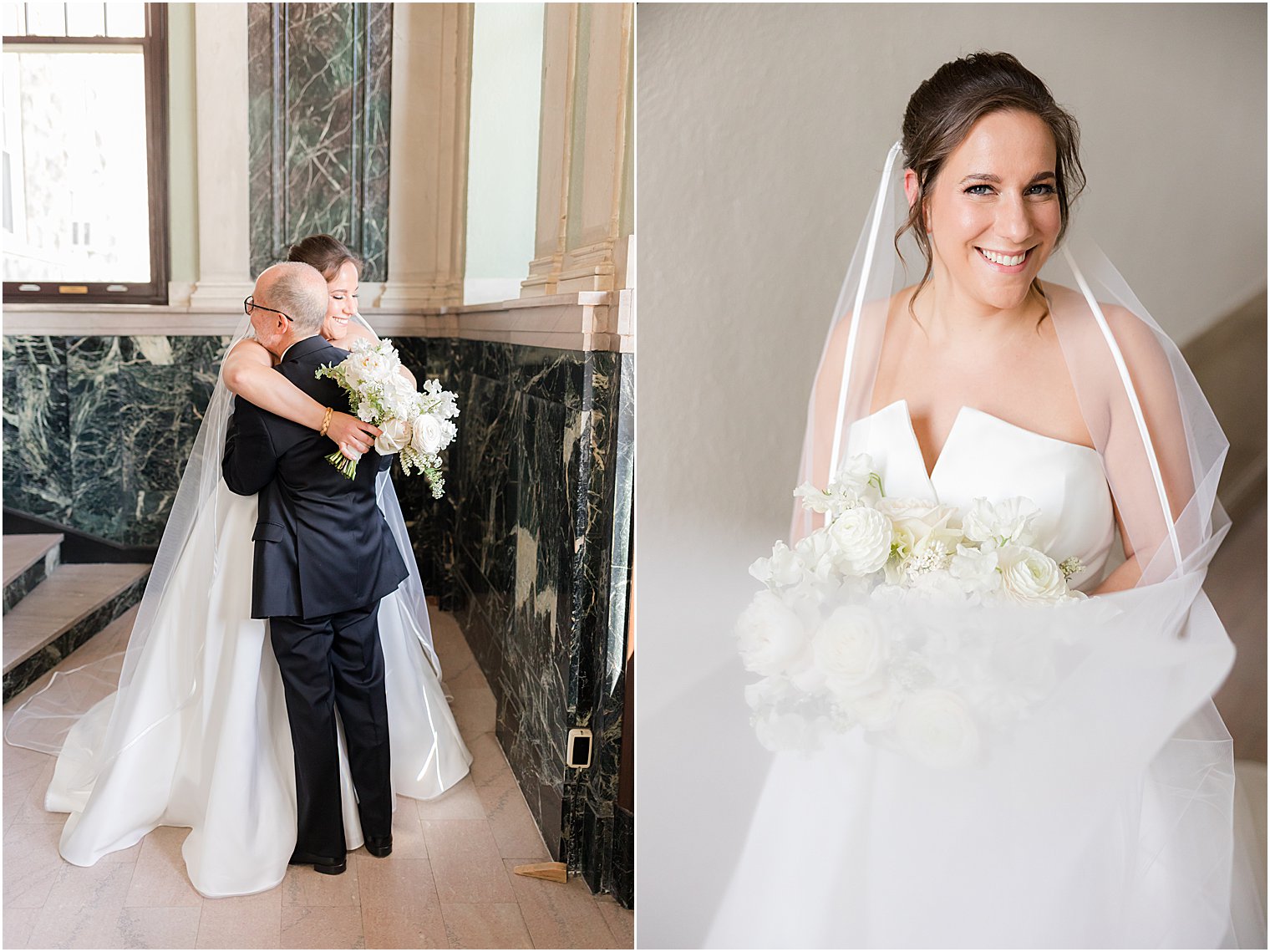 bride smiles in wedding dress with ivory bouquet 