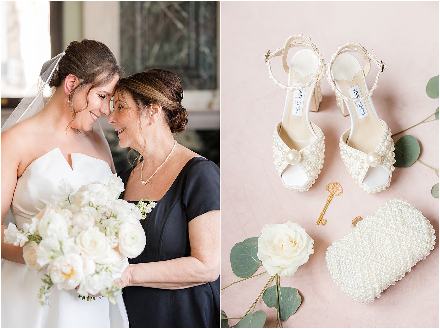 bride and mom lean heads together hugging at Mount Saint Mary Academy