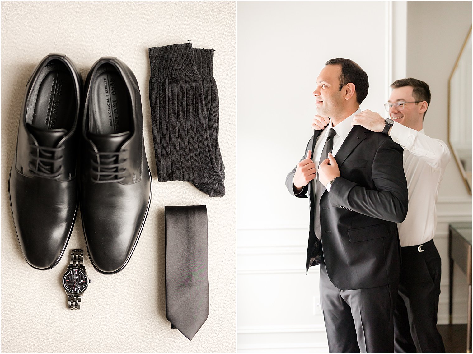 groomsman helps groom with black suit