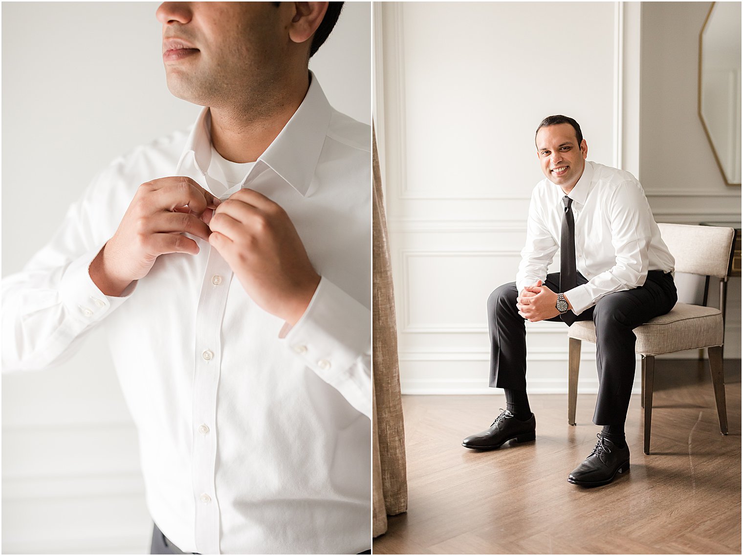 groom sits in white shirt and skinny tie at Mount Saint Mary Academy