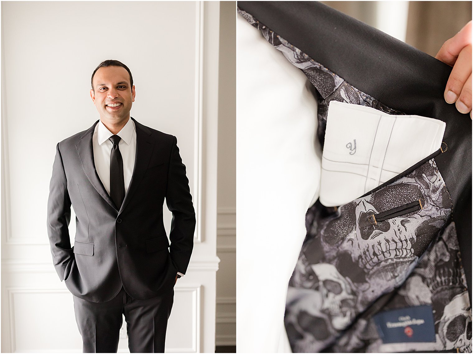 groom stands with hands in pockets of black suit with custom liner 