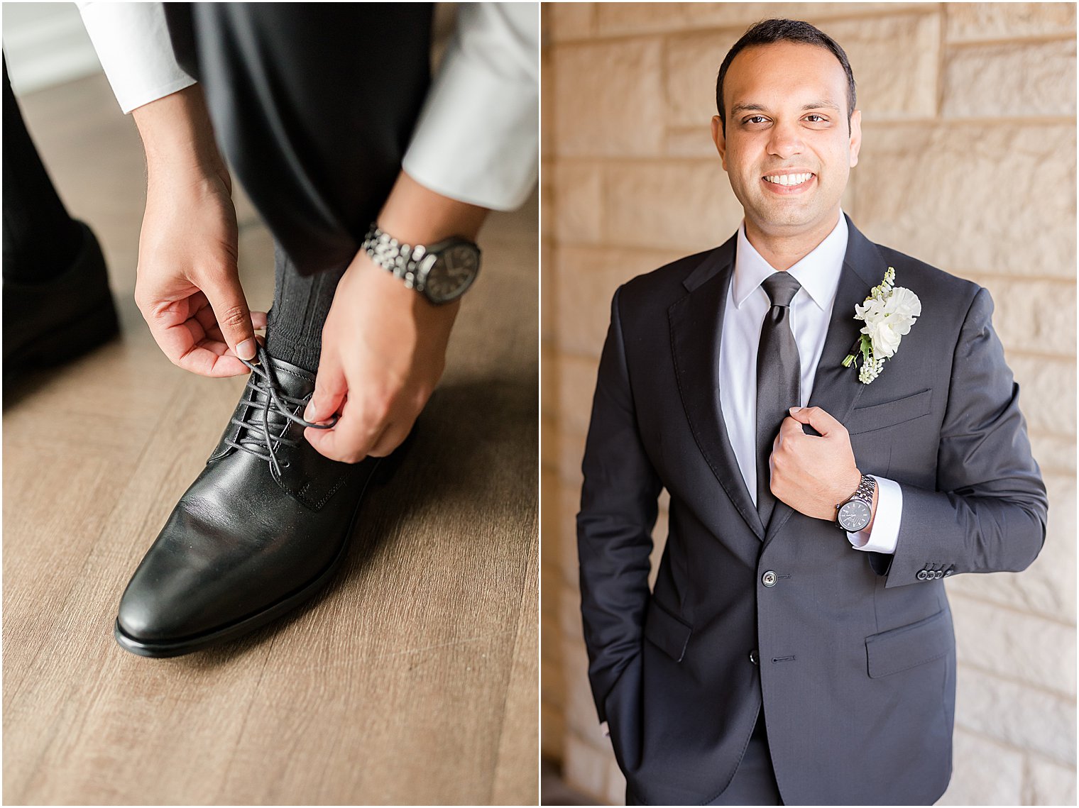 groom stands by stone wall at Mount Saint Mary Academy