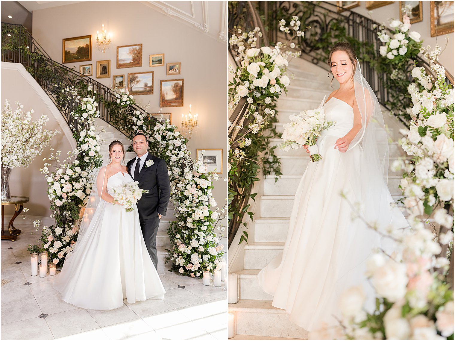 bride poses on steps with groom at Park Chateau Estate