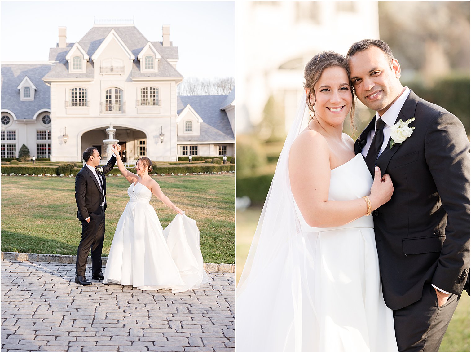 bride hugs groom outside Park Chateau Estate 