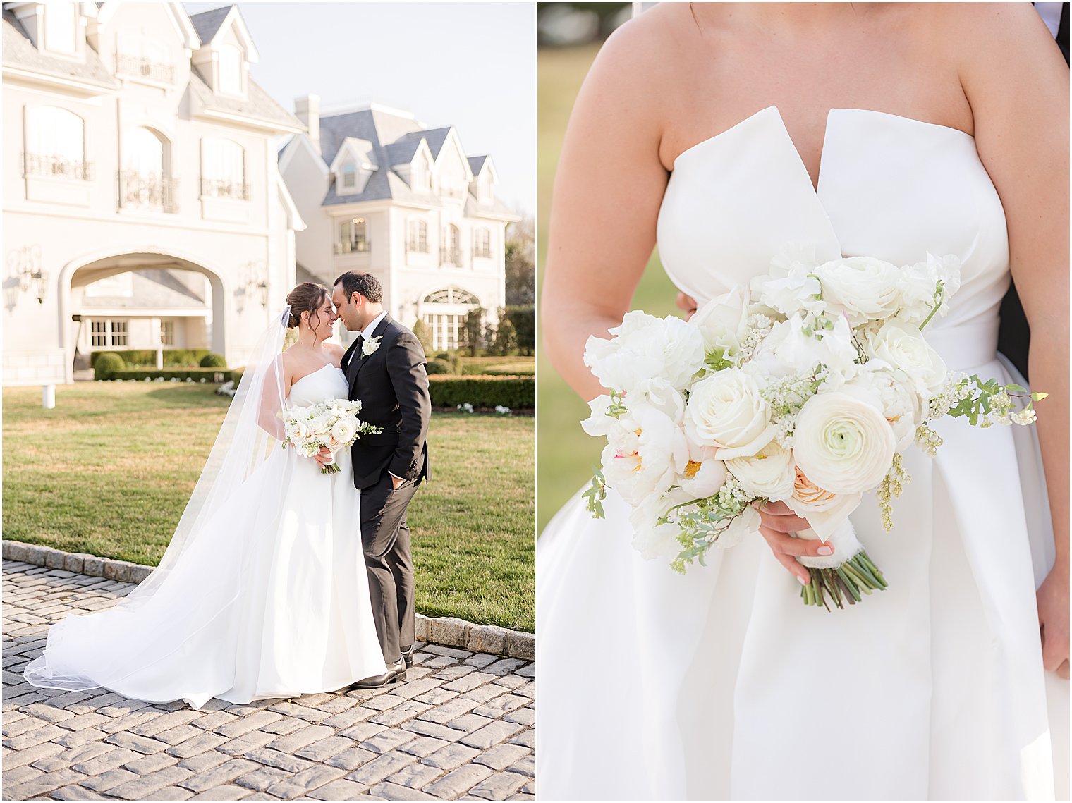 bride in strapless gown holds bouquet of ivory roses