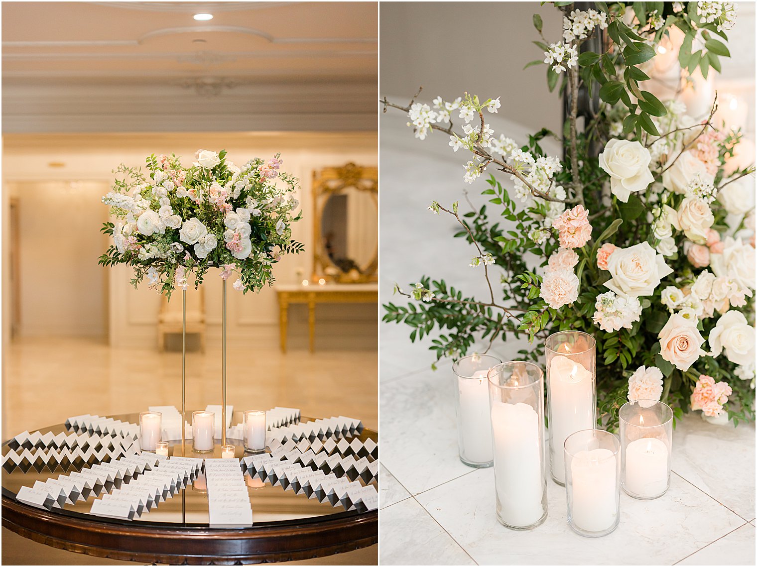 table with escort cards and tall floral centerpiece for classic spring wedding reception at Park Chateau Estate