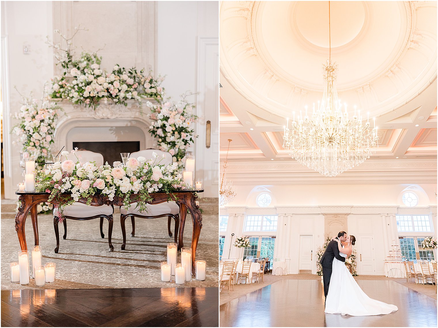 bride and groom kiss on ballroom floor at Park Chateau Estate 