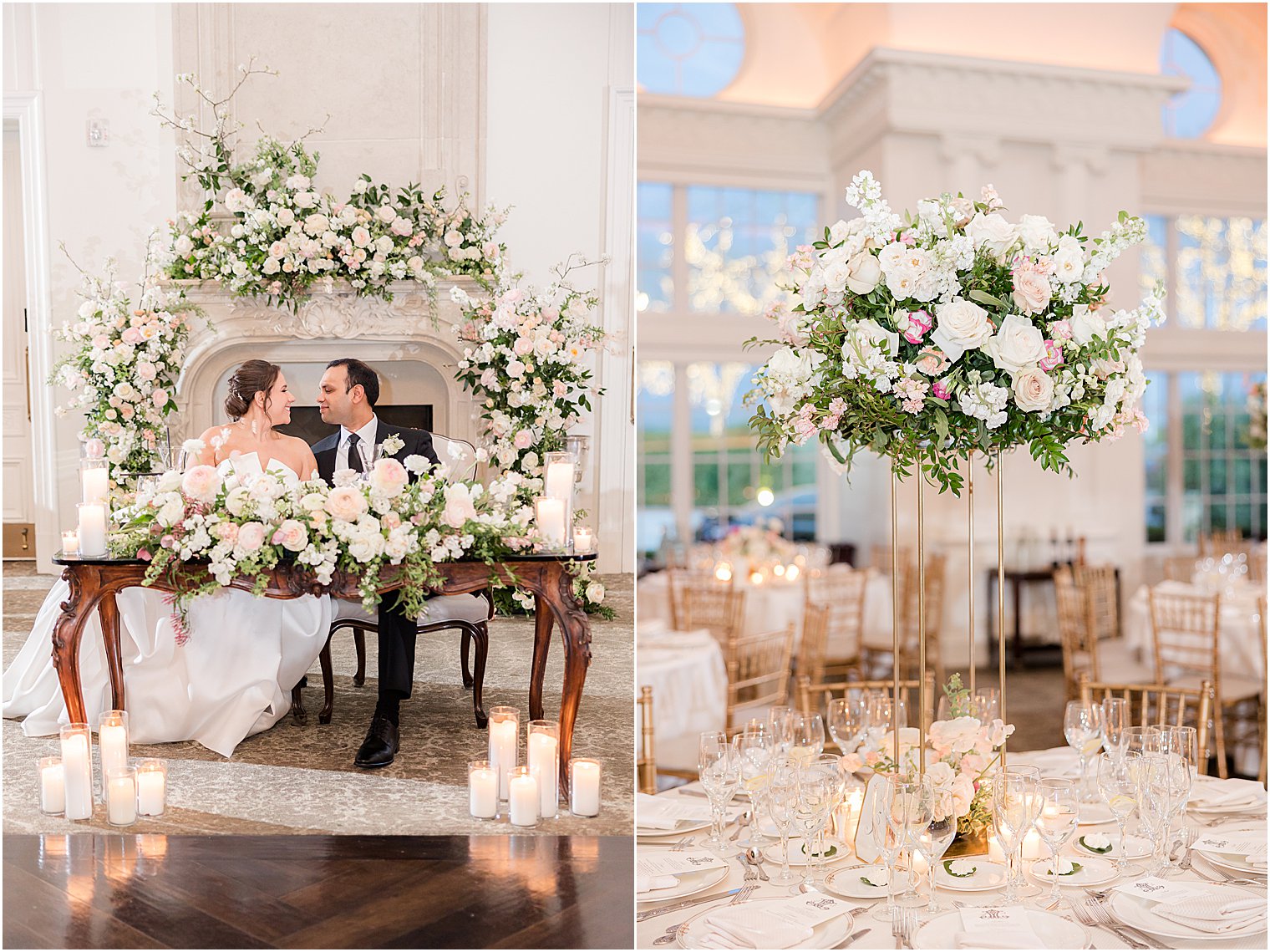 newlyweds sit at sweetheart table during classic spring wedding reception at Park Chateau Estate