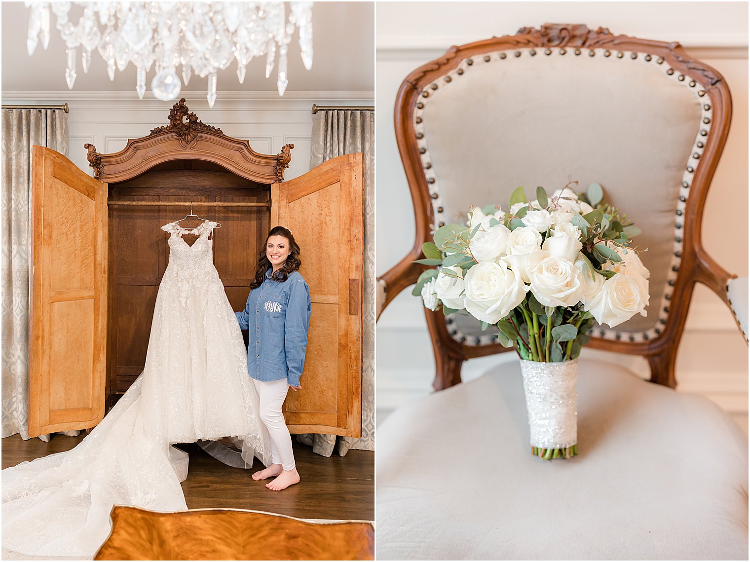 bride stands with wedding gown hanging in wooden armoire at Park Savoy Estate