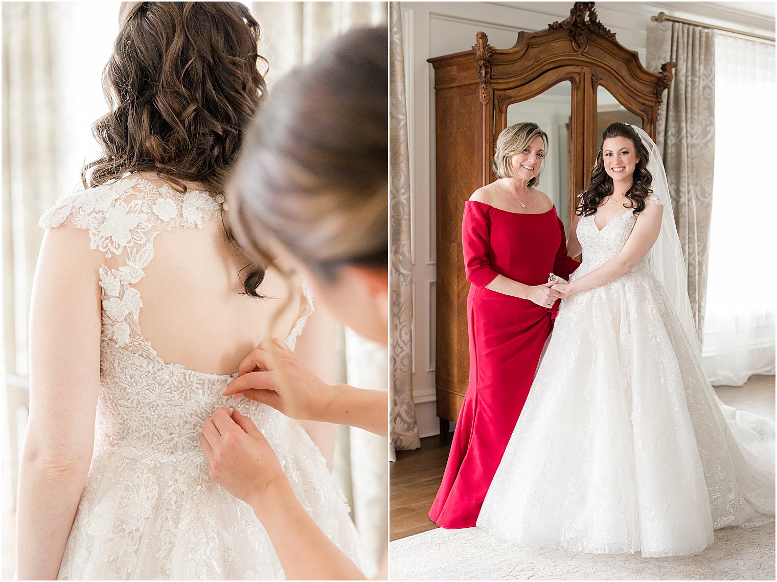 mother in red dress holds hands with bride by window at Park Savoy Estate