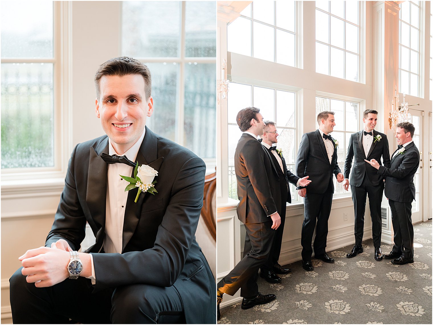 groom laughs by window at Park Savoy Estate with groomsmen 