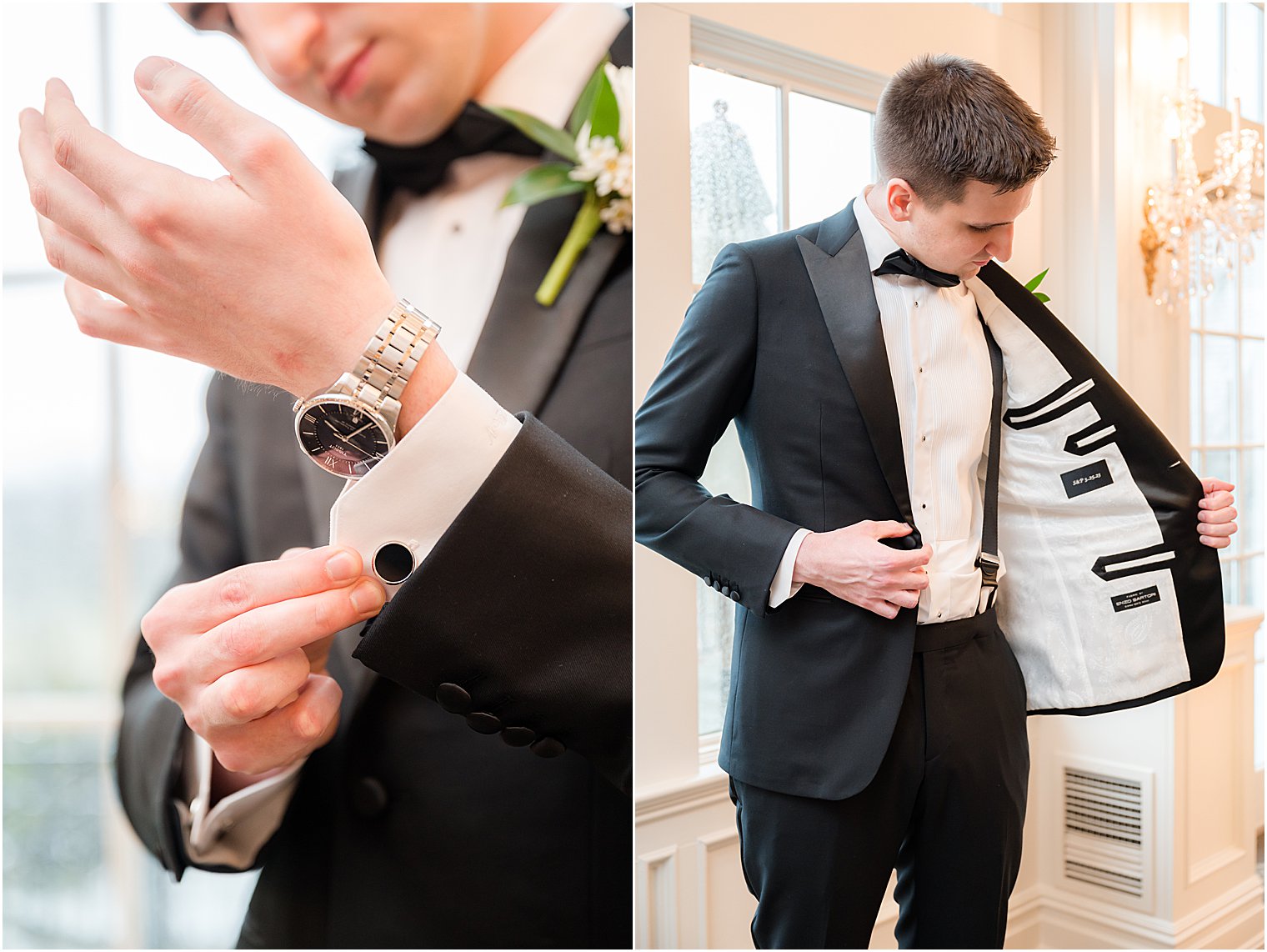 groom adjusts cufflinks and suit jacket 
