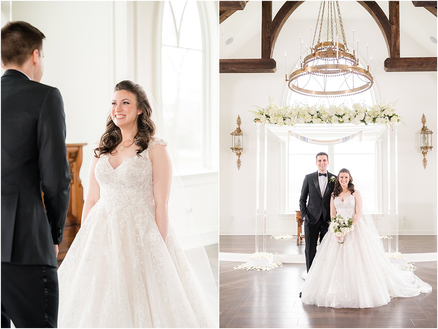 bride and groom stand in front of chuppah with white roses 