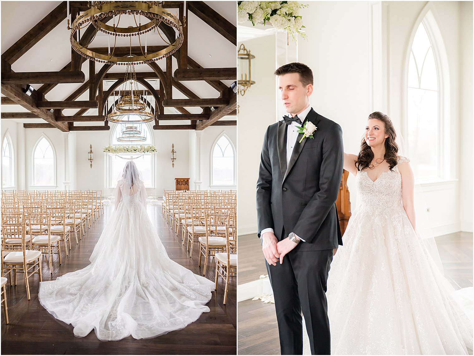 bride walks down aisle to meet groom in black tux for first look at Park Savoy Estate