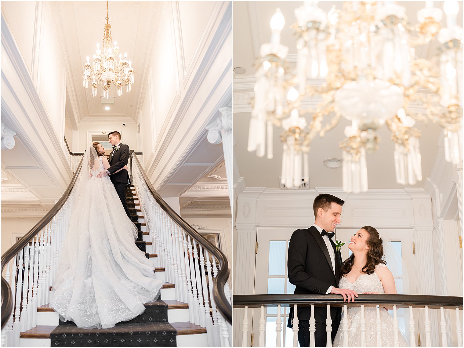 bride and groom pose on staircase inside Park Savoy Estate