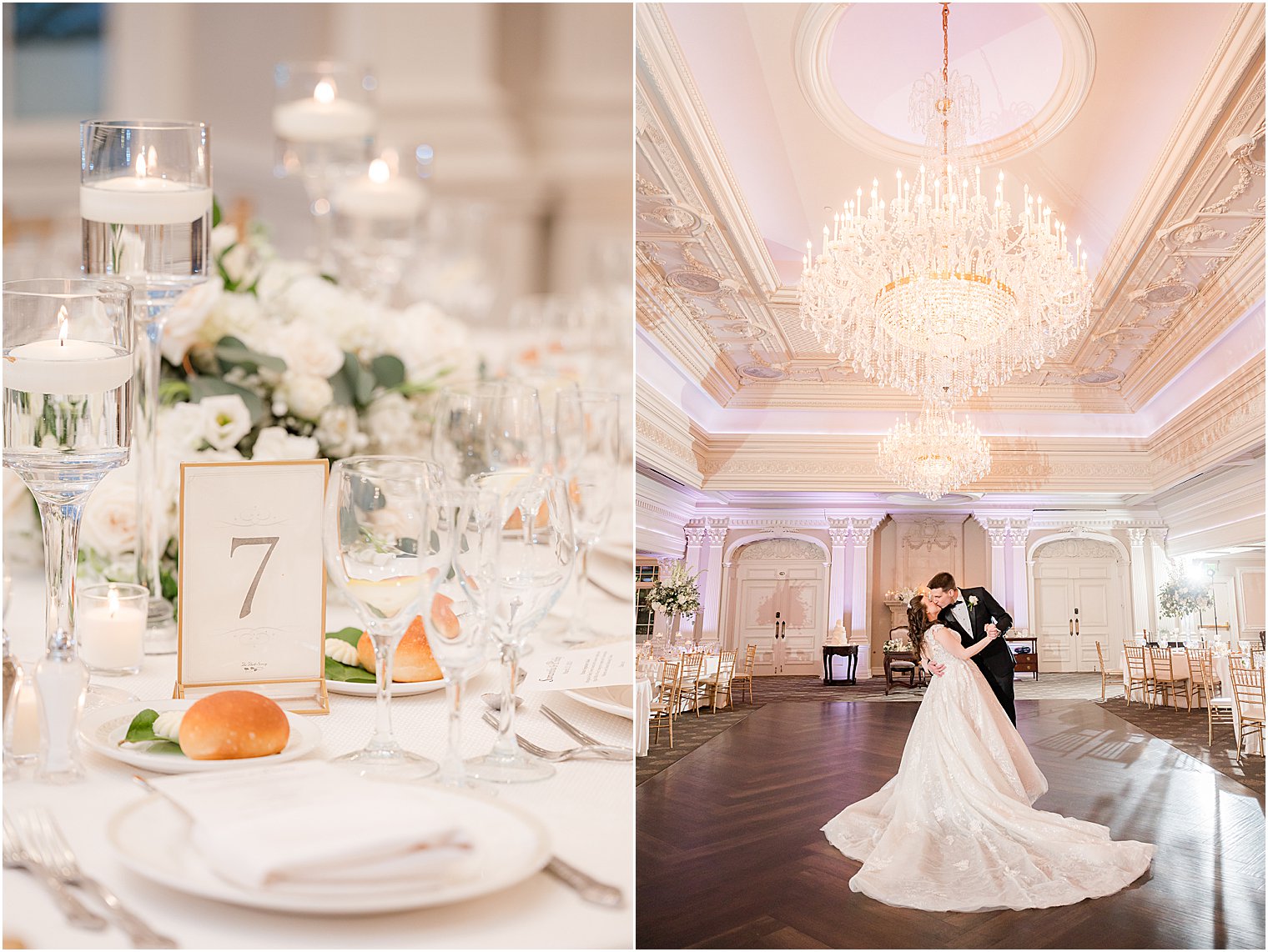 groom dips bride kissing her on ballroom floor at Park Savoy Estate