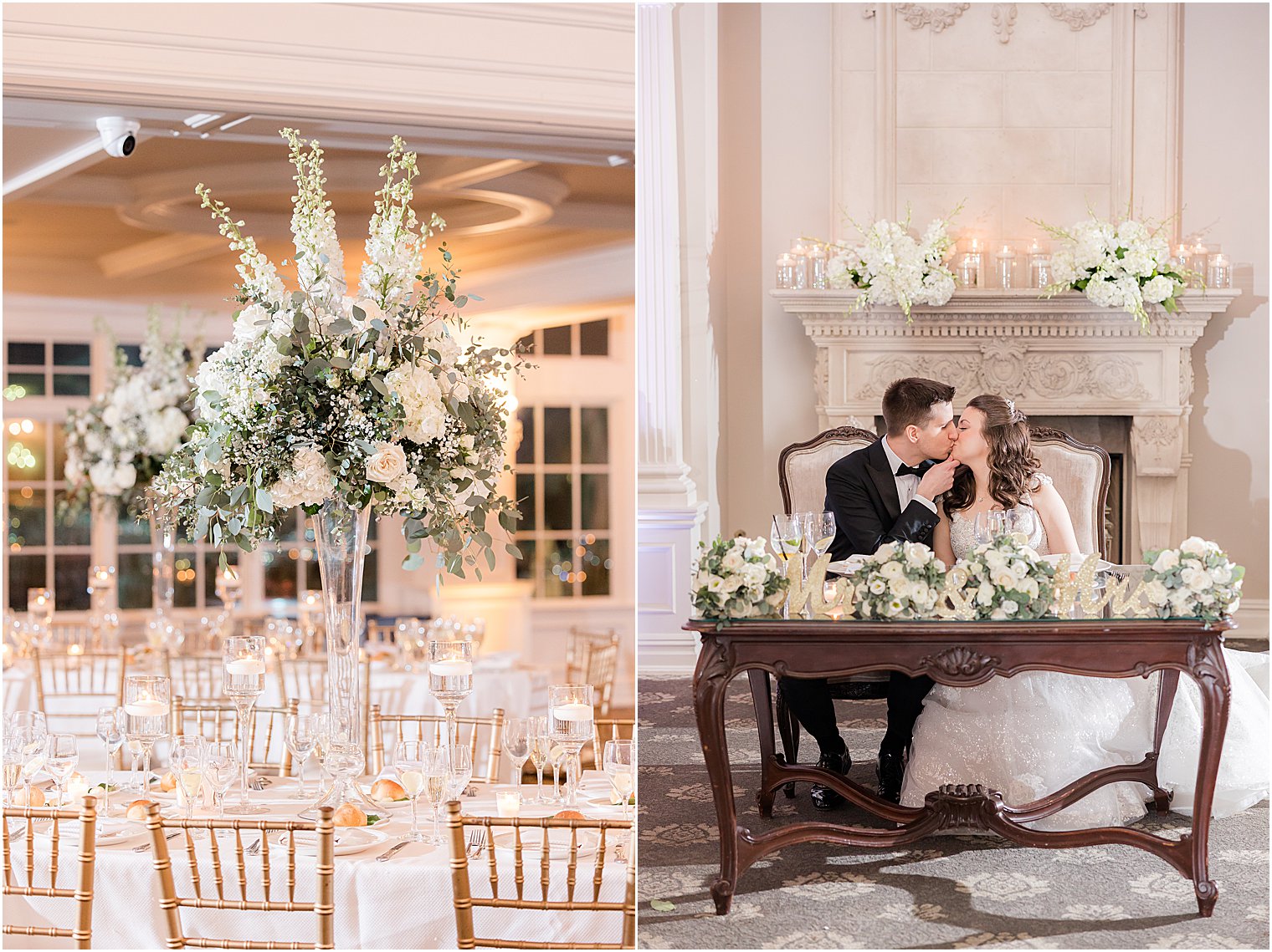 bride and groom kiss at sweetheart table at Park Savoy Estate