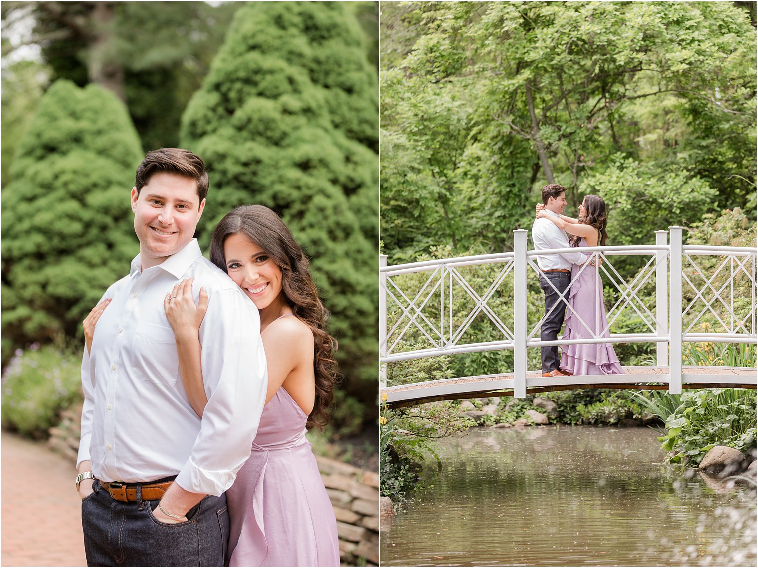 engaged couple hugs on bridge over water in Sayen Gardens 