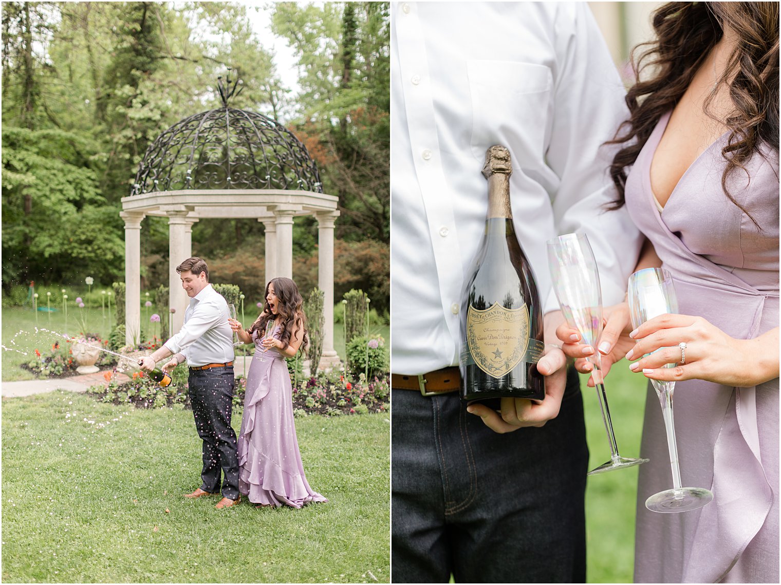 couple toasts champagne on lawn at Sayen Gardens 