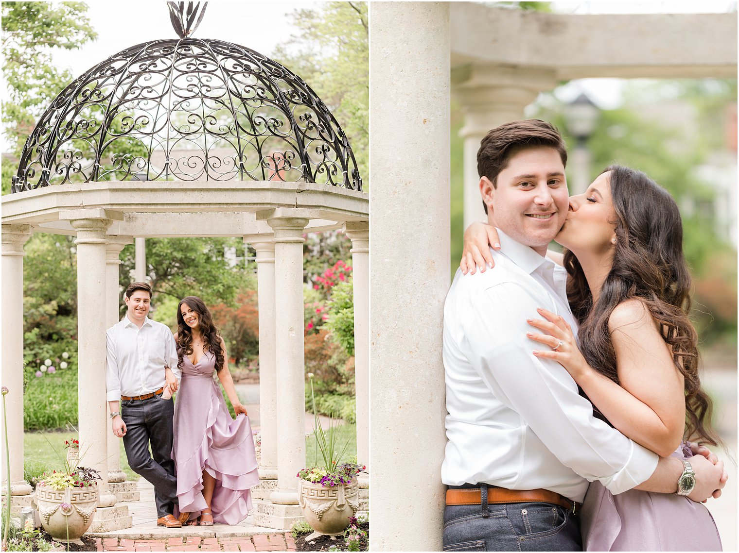 woman leans to kiss man's cheek leaning against pillar of gazebo at Sayen Gardens 