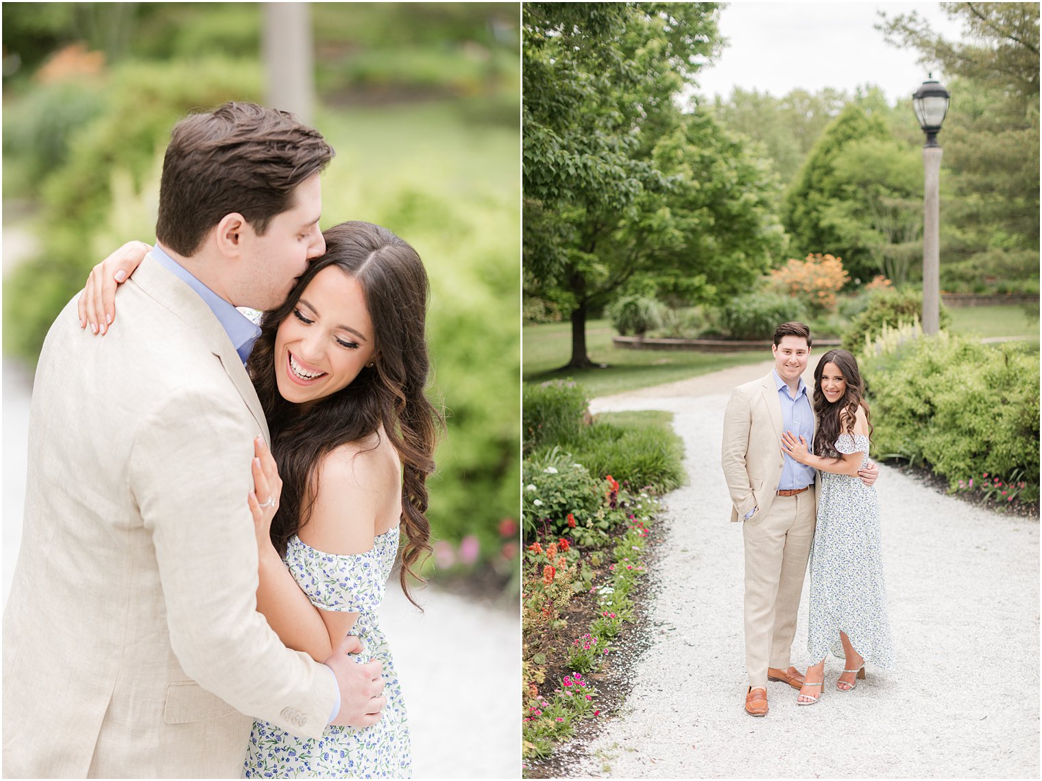 brunette man leans to kiss fiancee in gardens in Hamilton NJ