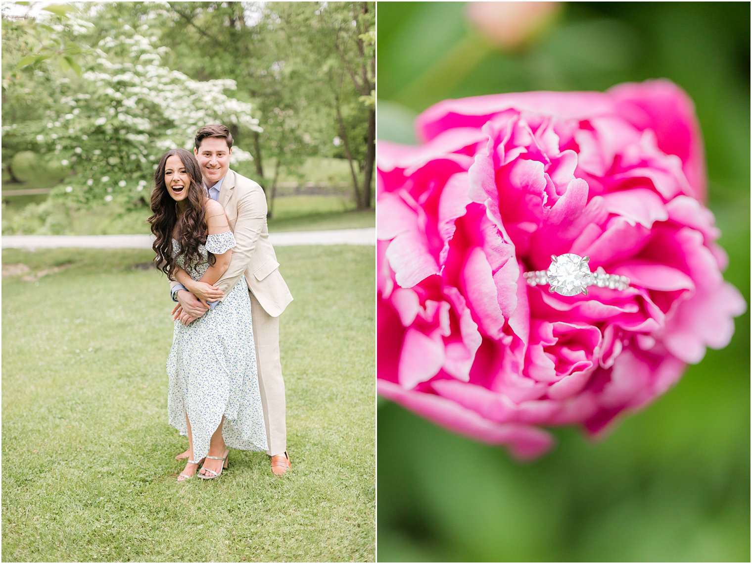 engaged couple hugs on lawn next to peony holding diamond ring 