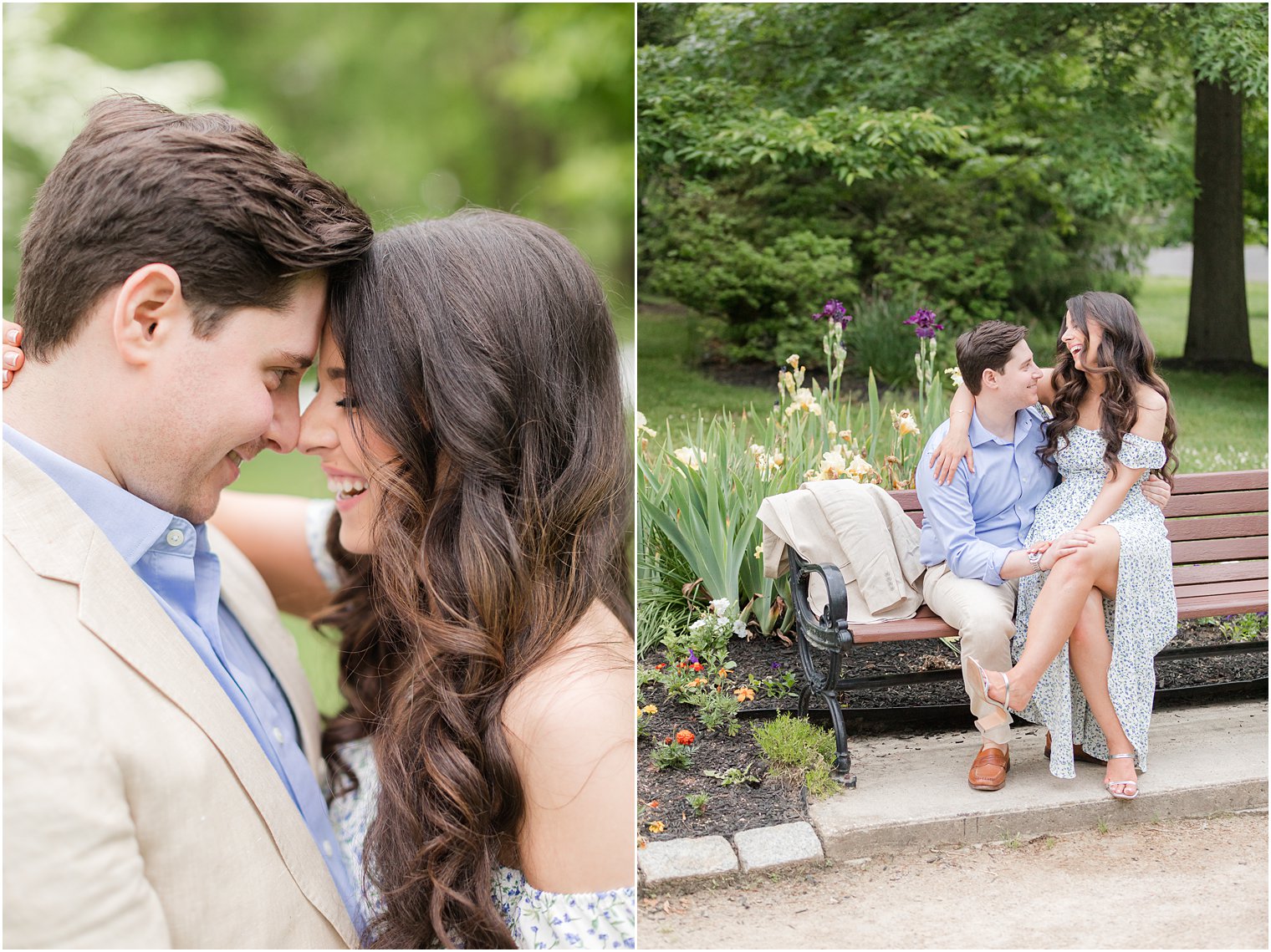 engaged couple sits on bench in Sayen Gardens 