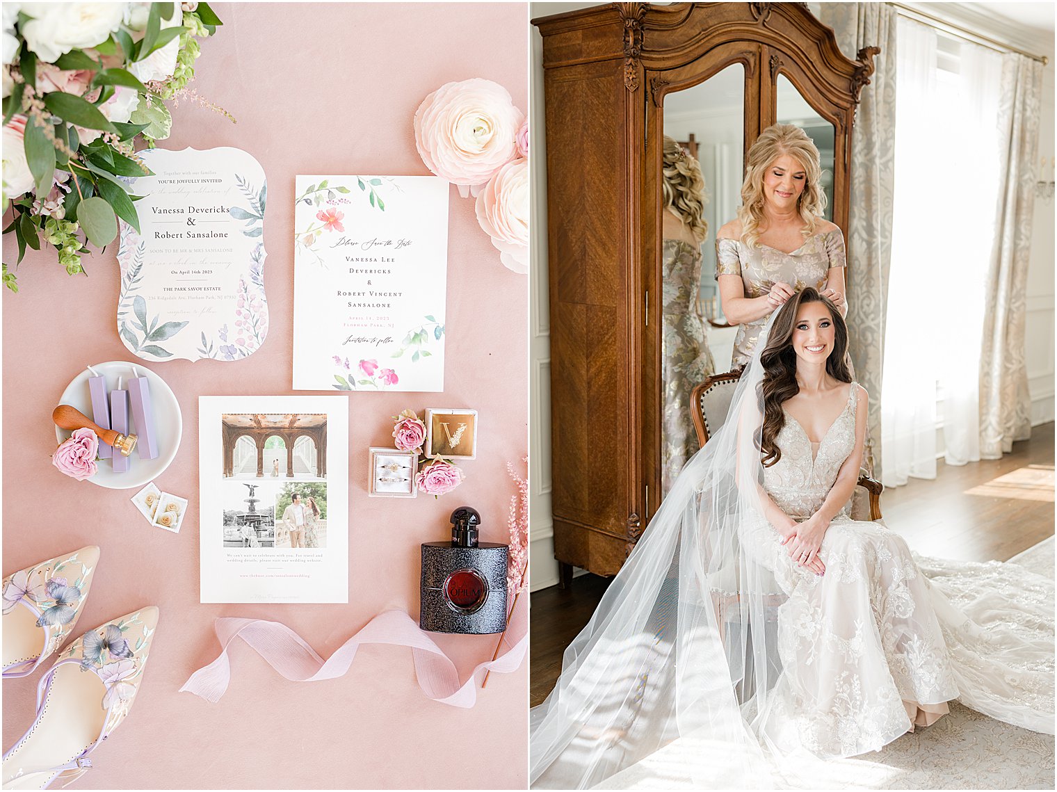 bride sits while mother helps with veil by armoire 
