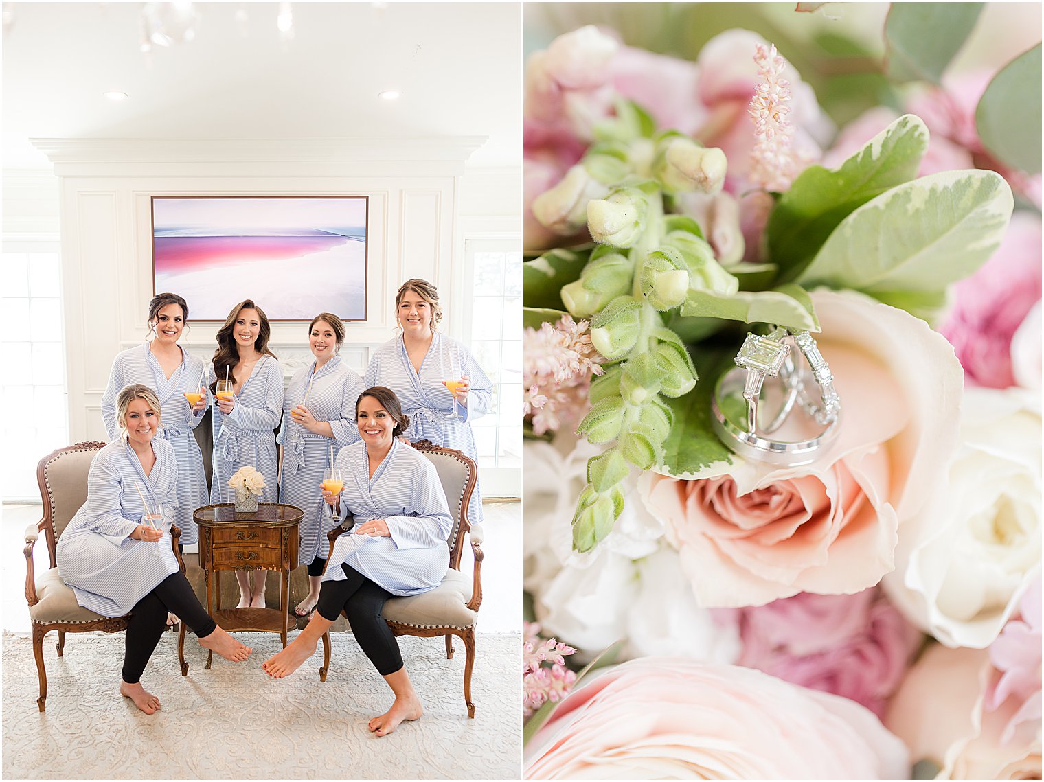 bride sits with bridesmaids in blue robes with champagne 