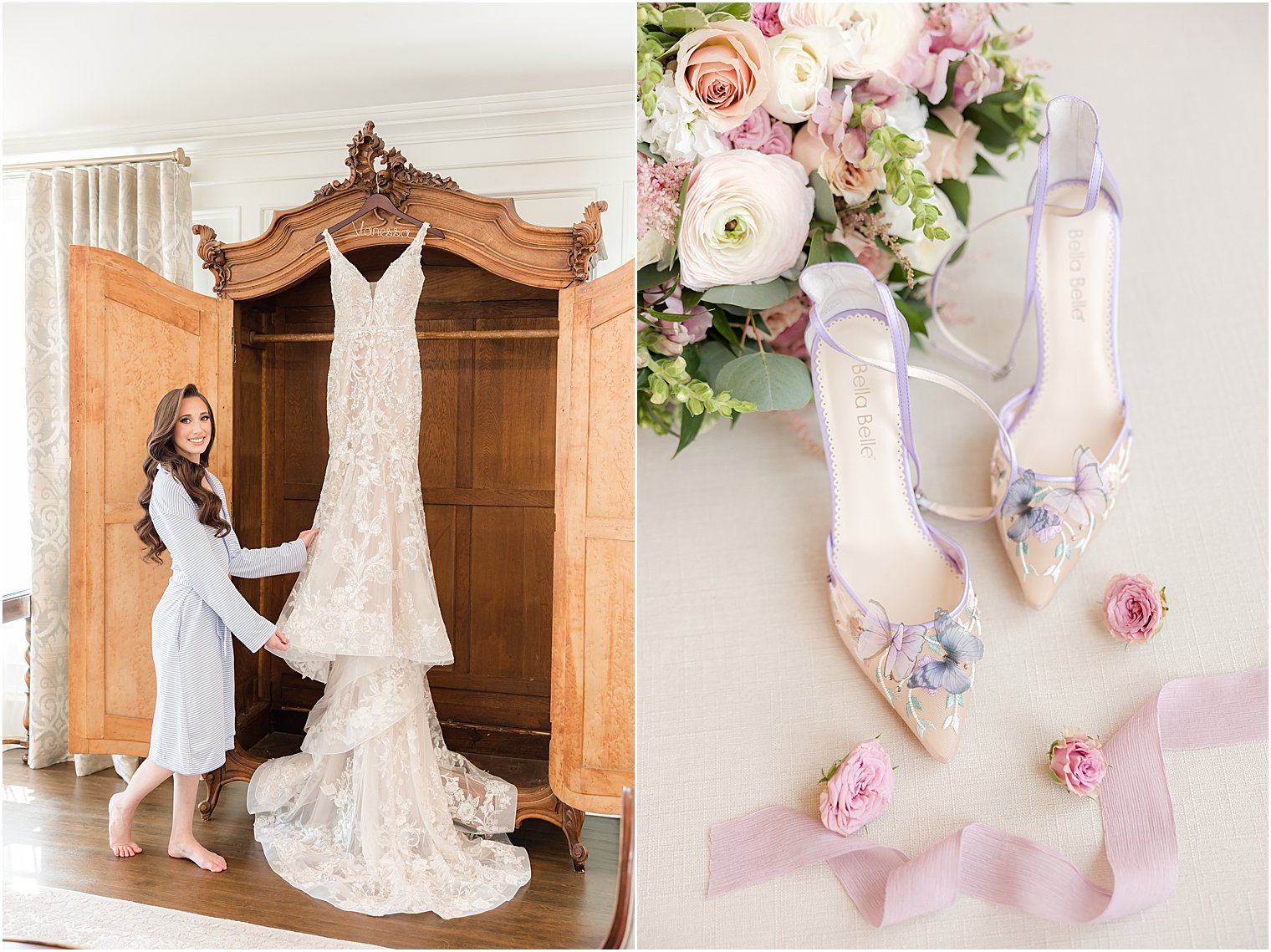 bride stands by wedding dress in armoire at Park Savoy Estate