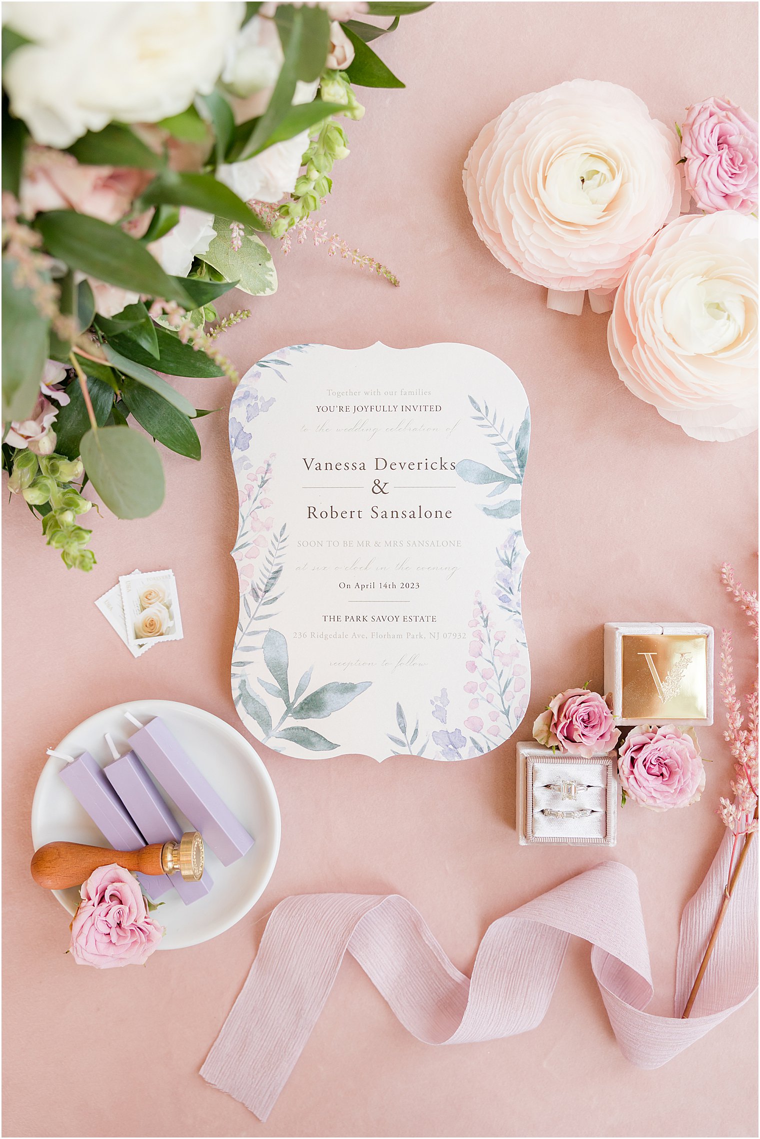watercolor invitation suite with wax seal at Park Savoy Estate