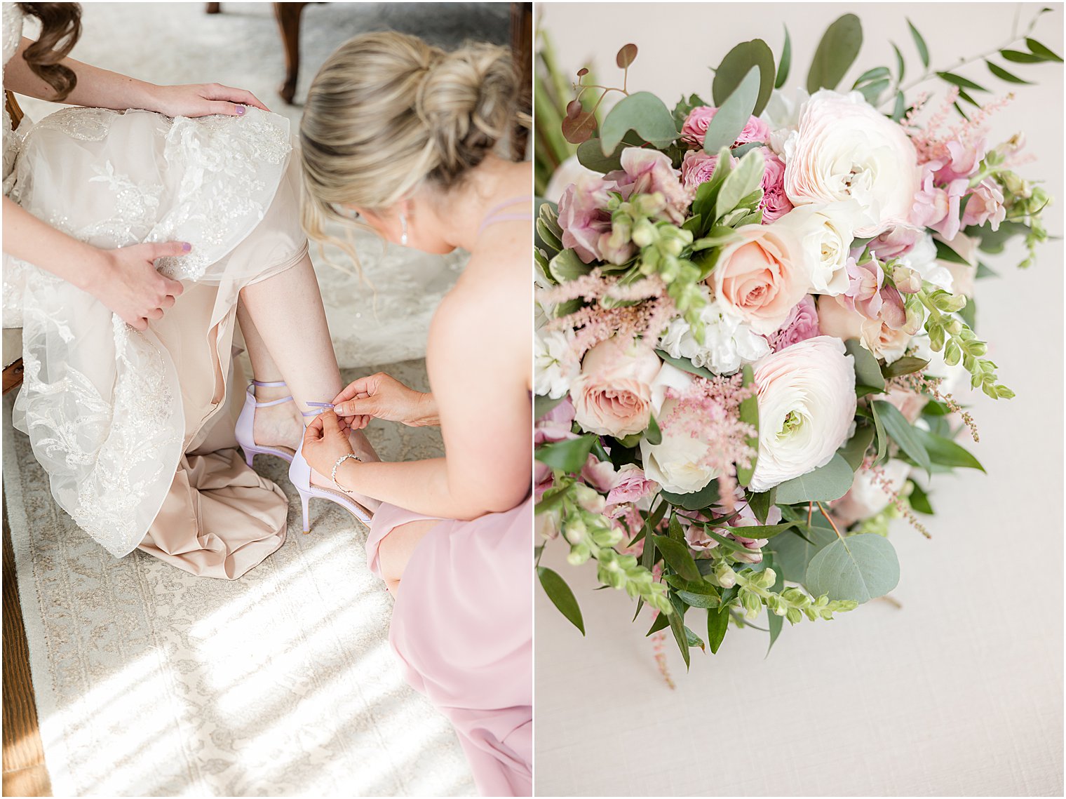 bridesmaid helps bride with purple shoes at Park Savoy Estate