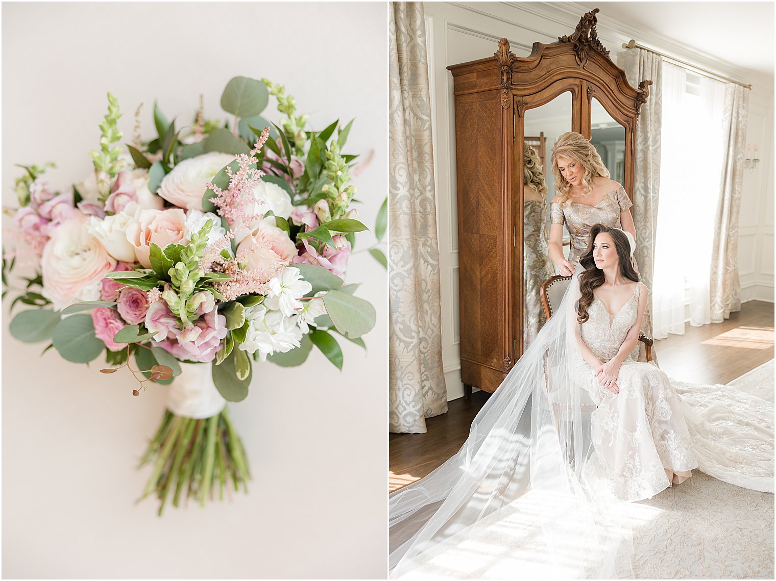 mother helps bride with veil sitting in suite at Park Savoy Estate