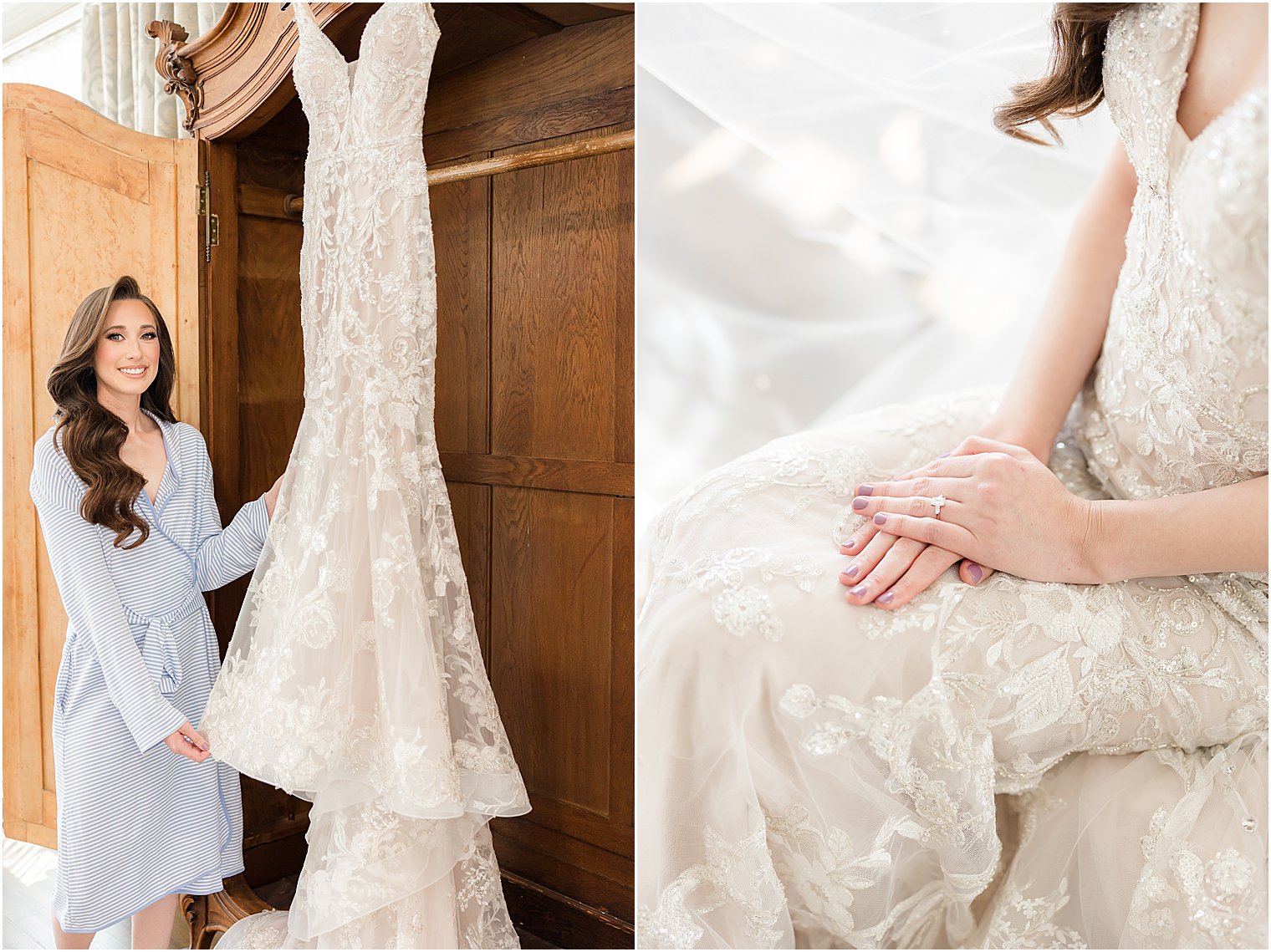 bride looks at wedding dress hanging in armoire in Park Savoy Estate bridal suite 