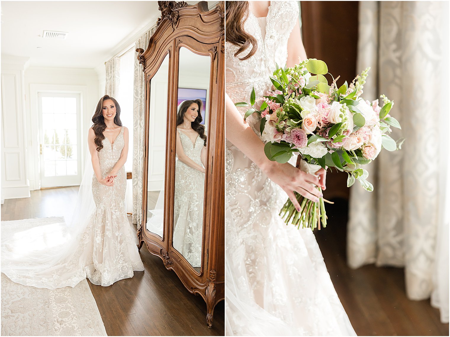 bride stands in wedding dress in bridal suite at Park Savoy Estate