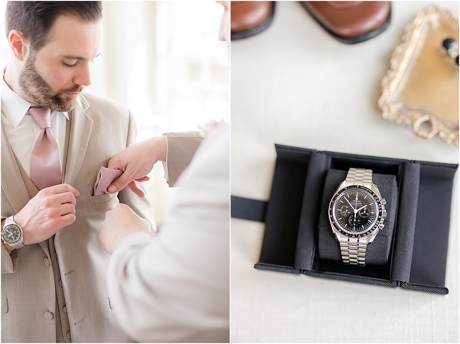 groomsman helps groom tuck pink handkerchief into suit