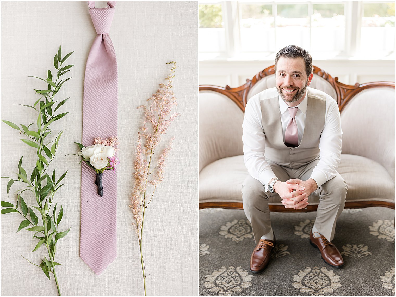 groom sits on couch at Park Savoy Estate