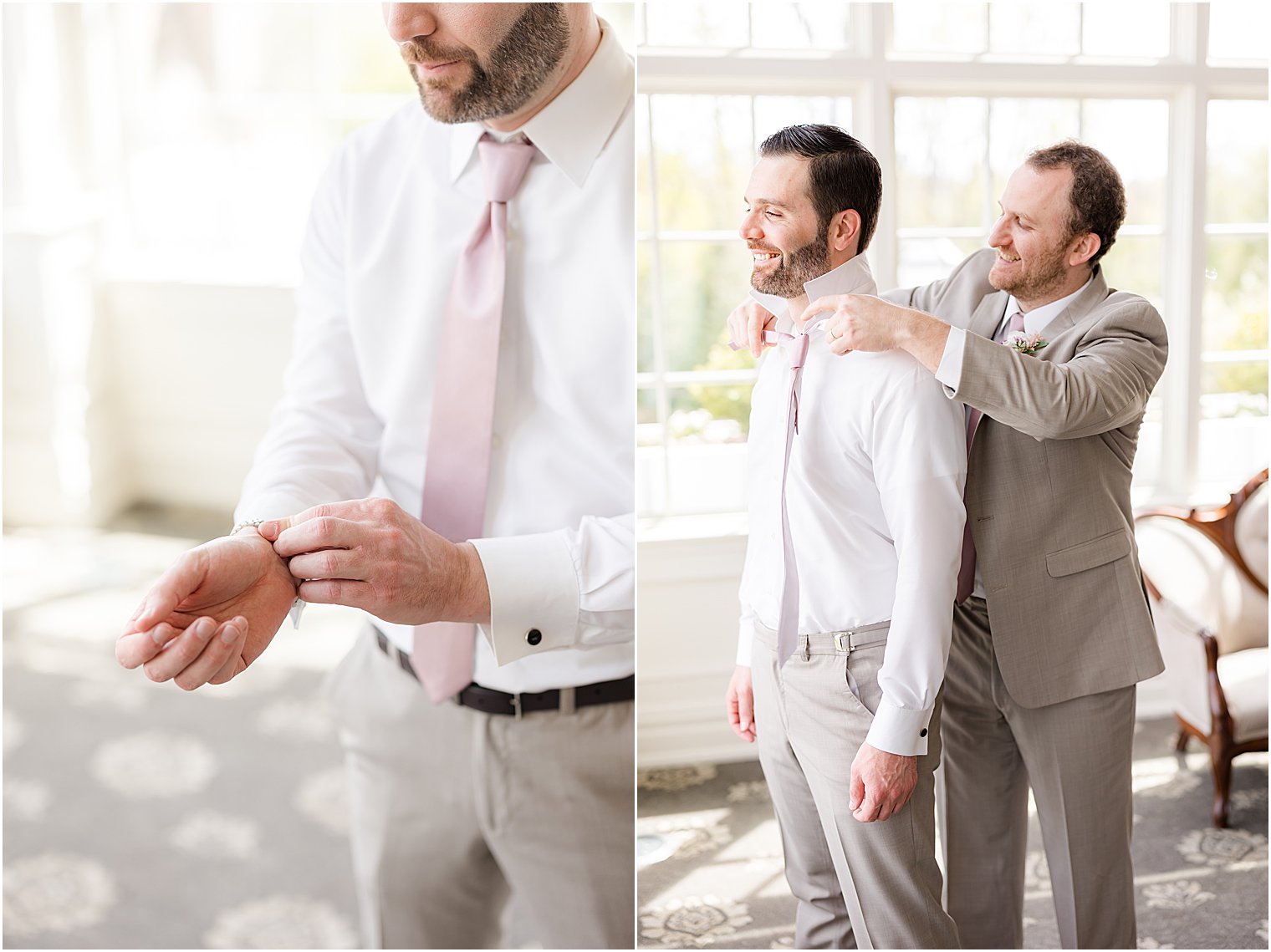 groomsman adjusts tie and collar at Park Savoy Estate