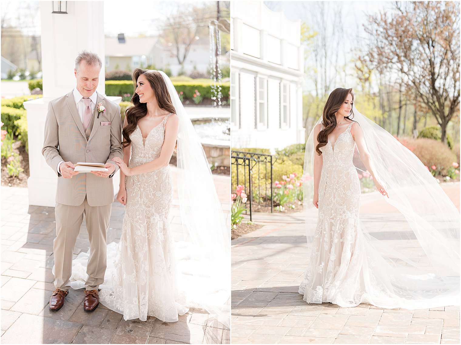 bride tosses veil during first look with father at Park Savoy Estate