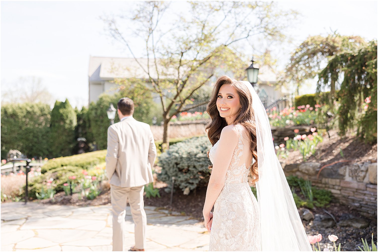 bride walks towards groom for first look at Park Savoy Estate