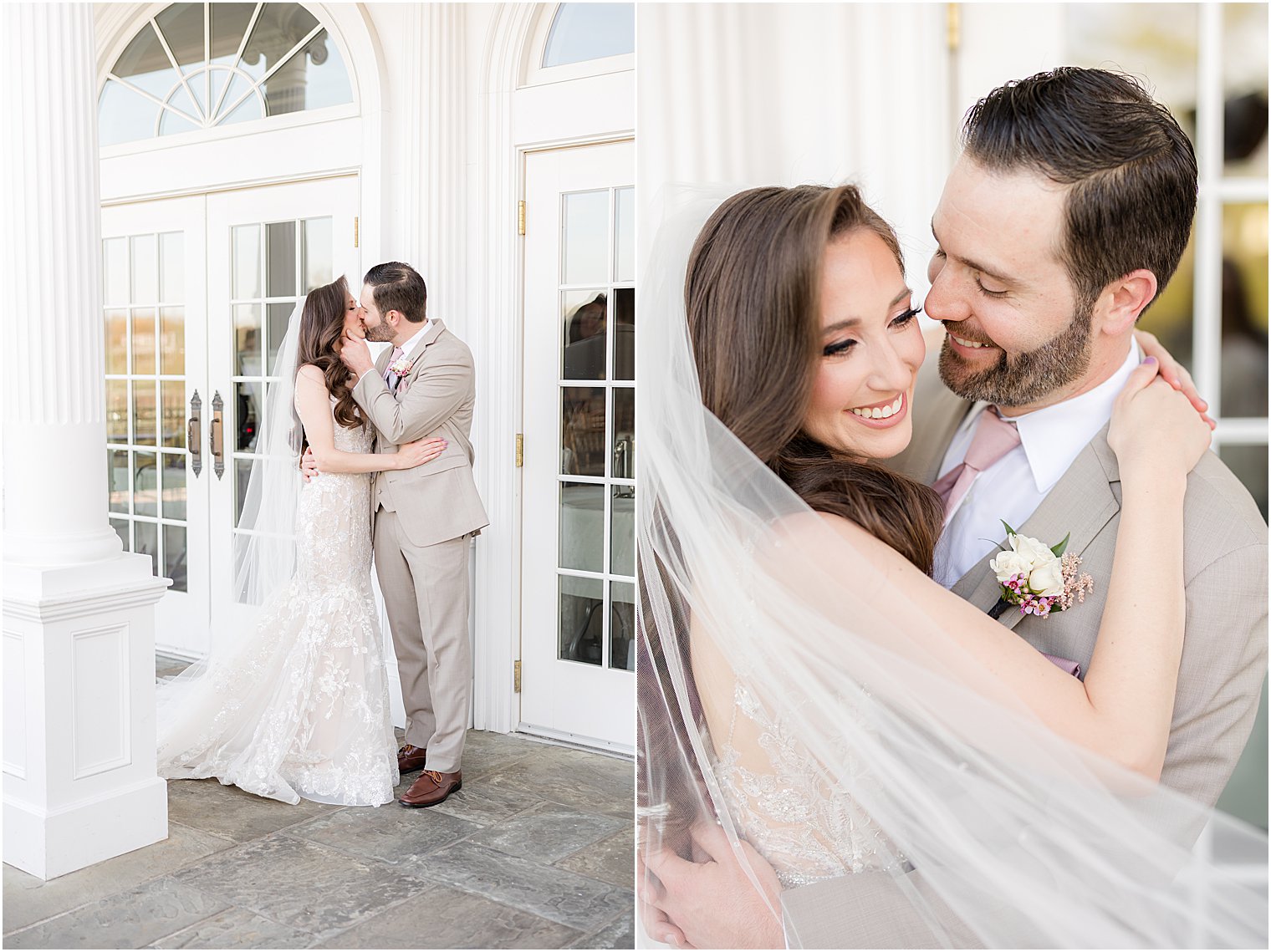 bride and groom hug by large windows at Park Savoy Estate