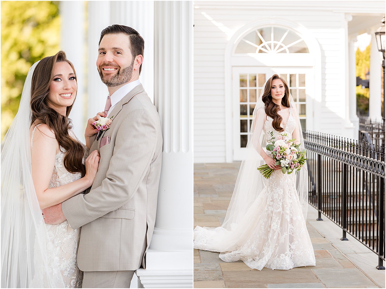 bride stands holding bouquet of pink and white flowers 