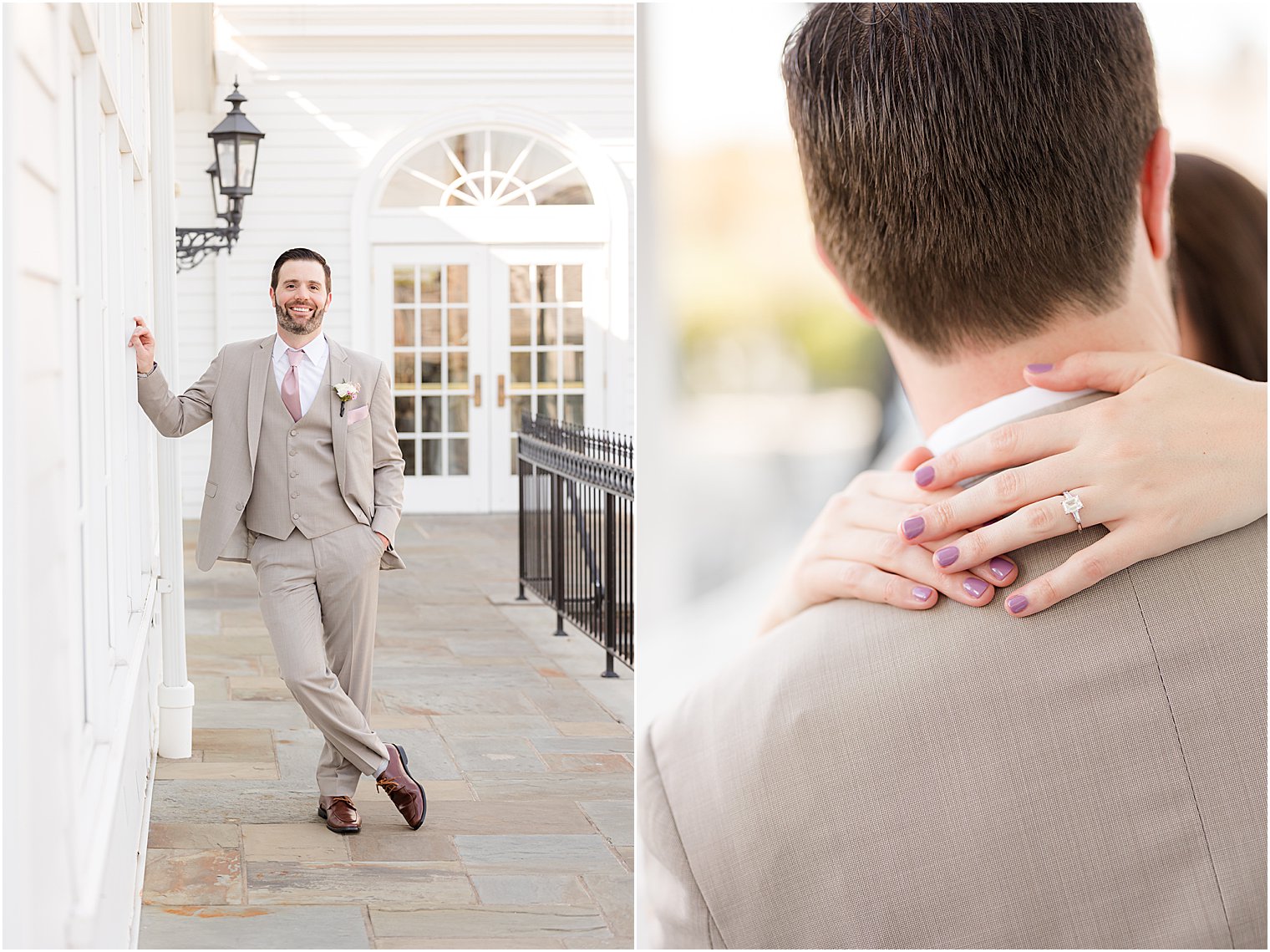 groom leans against wall in tan suit 