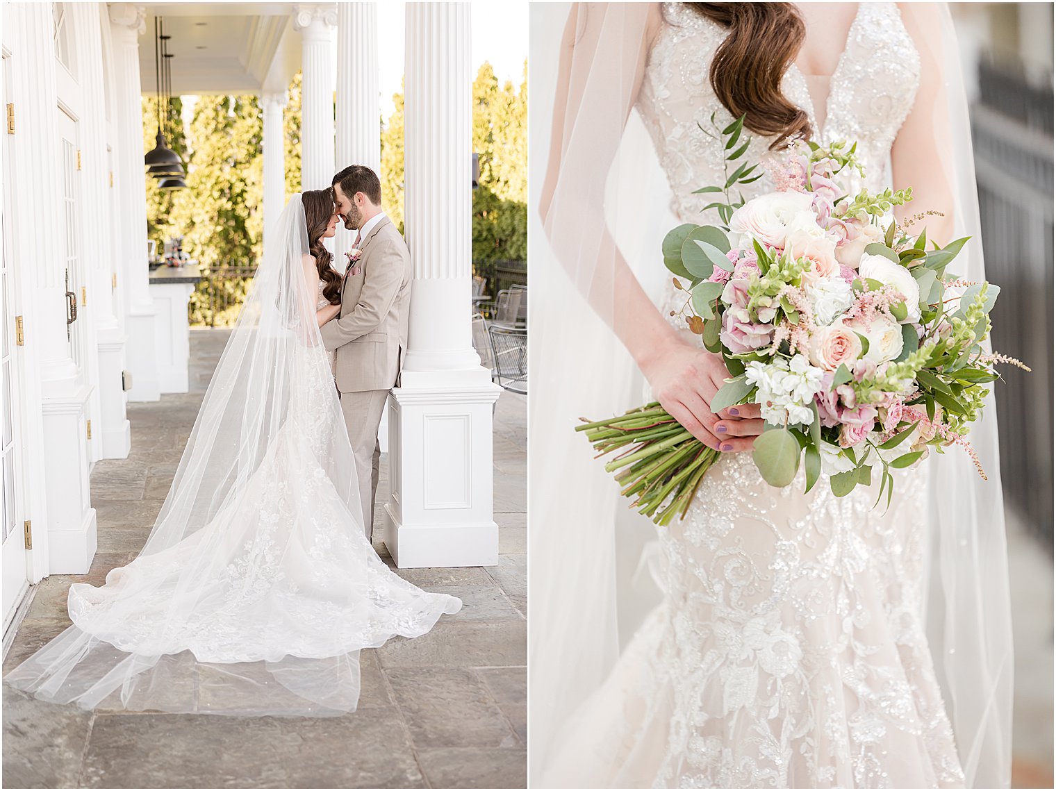 bride holds bouquet of pink and white flowers at Park Savoy Estate