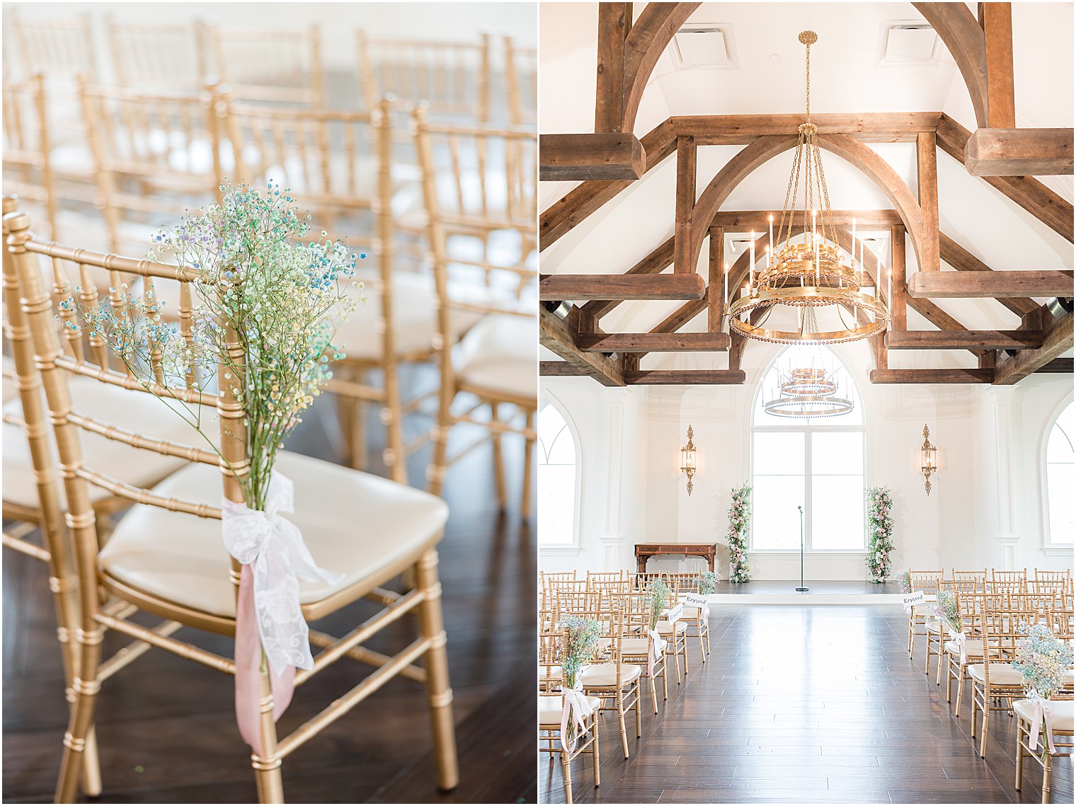 colored baby's breath on chairs in chapel at Park Savoy Estate
