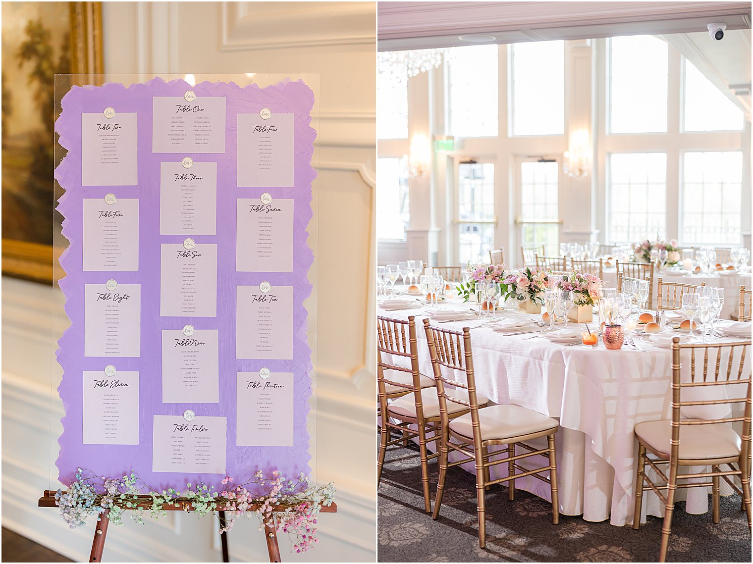 spring wedding reception Park Savoy Estate with purple seating chart 